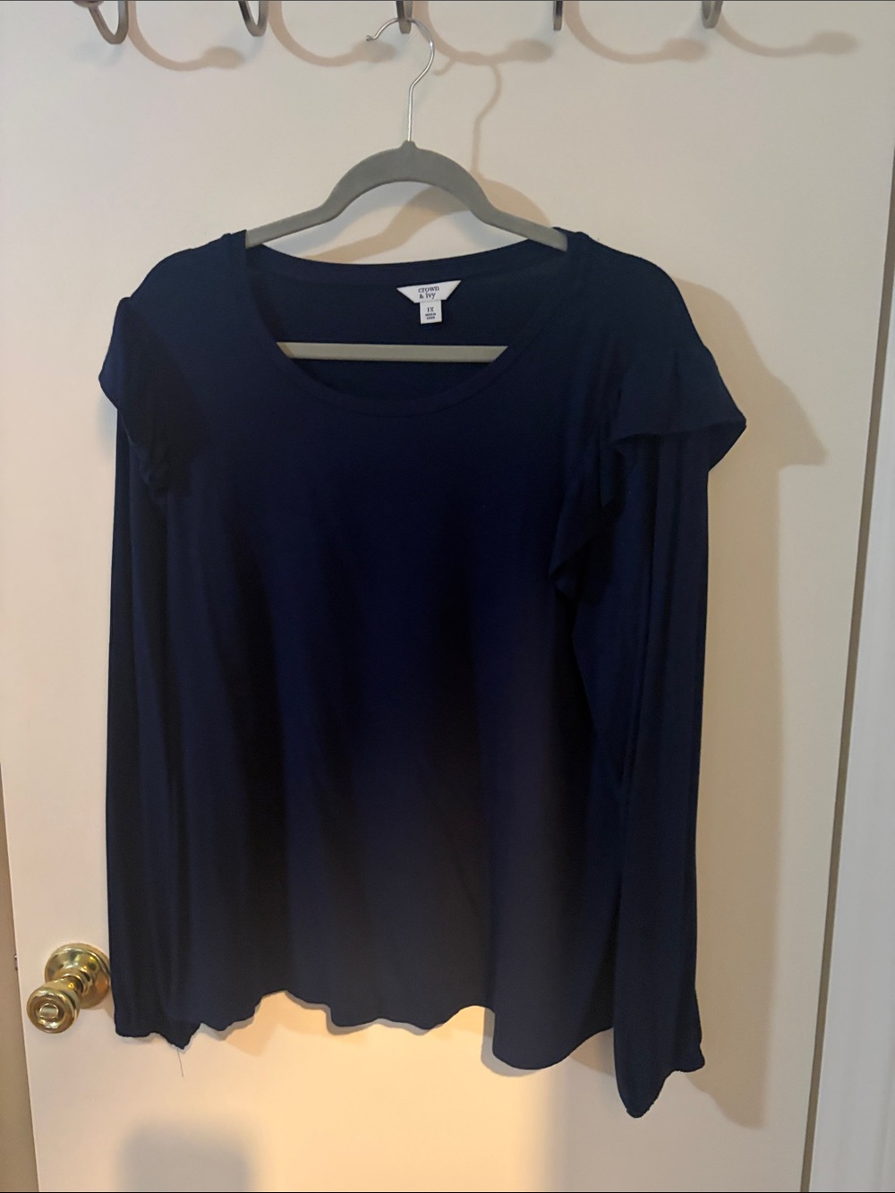 crown & ivy Navy Long Sleeve Ruffle Shoulder Top